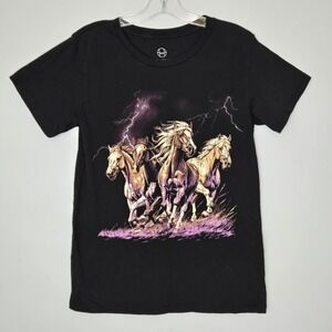 Vintage Style Wild Horses Lightning T-Shirt Black Size M Cotton Western Graphic